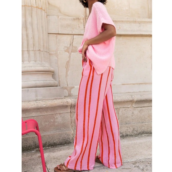 Pink Wide Trousers with Red Stripes Elastic Waist Flowy and Light - Picture 3 of 17
